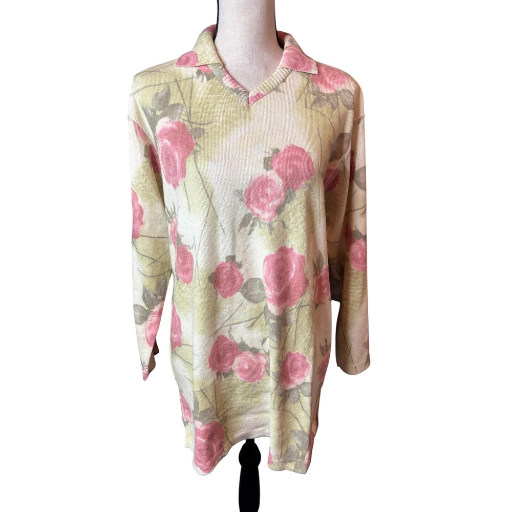 Gabriella T. Italy Pink Rose Floral Knit Tunic Top Polo Collar V-Neck Cream M
